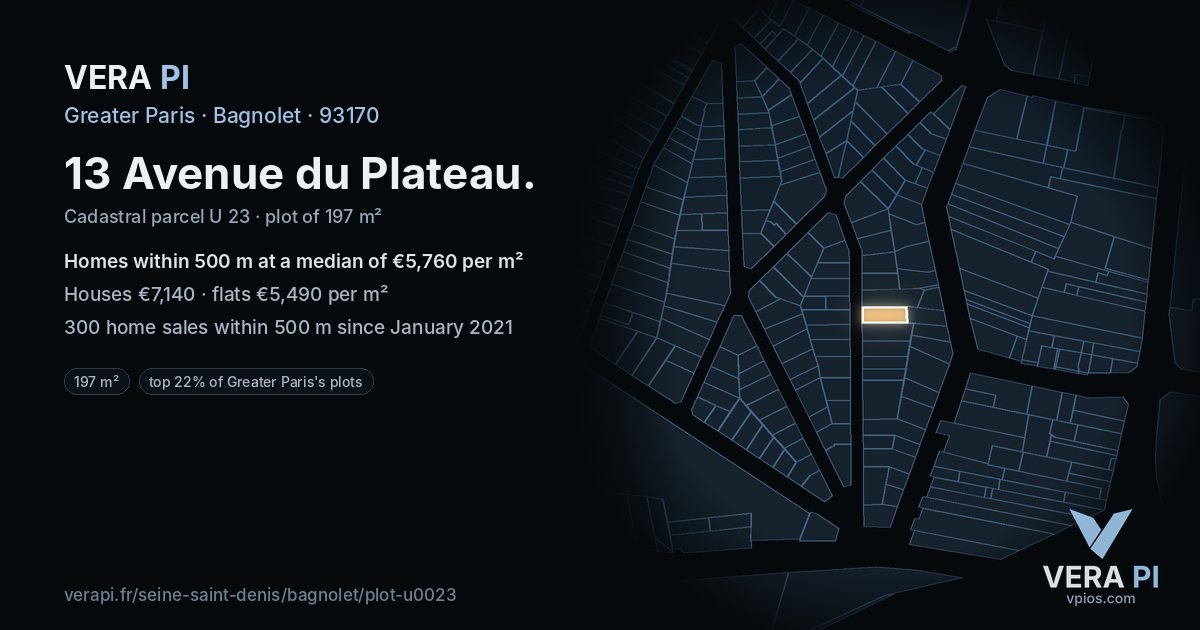 13 Avenue du Plateau, Bagnolet at night – the plot lit, the parcels around coloured by the prices near them