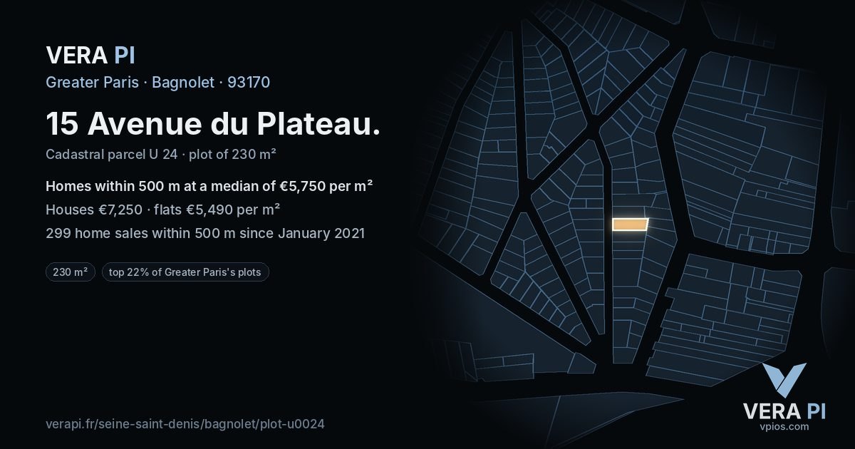 15 Avenue du Plateau, Bagnolet at night – the plot lit, the parcels around coloured by the prices near them