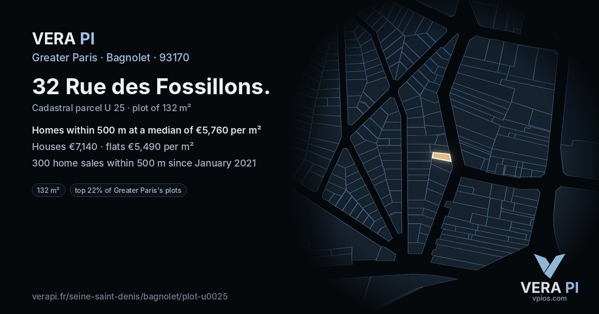 32 Rue des Fossillons, Bagnolet at night – the plot lit, the parcels around coloured by the prices near them