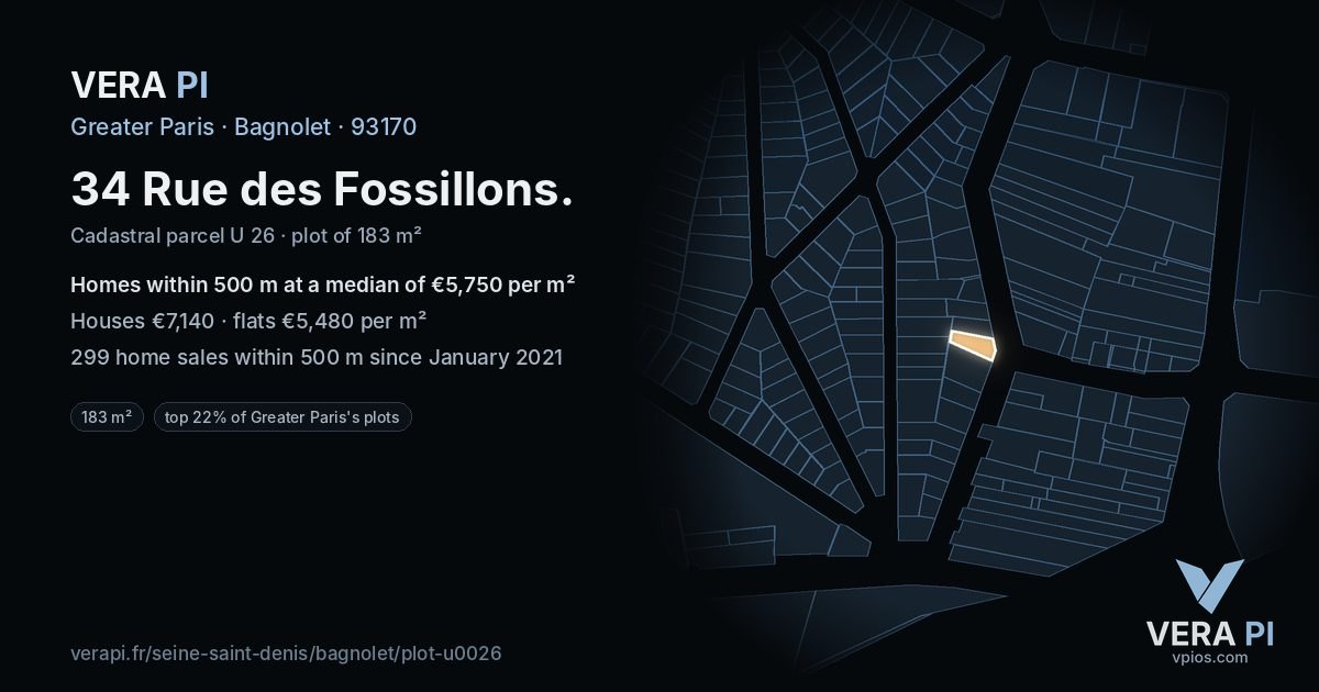 34 Rue des Fossillons, Bagnolet at night – the plot lit, the parcels around coloured by the prices near them