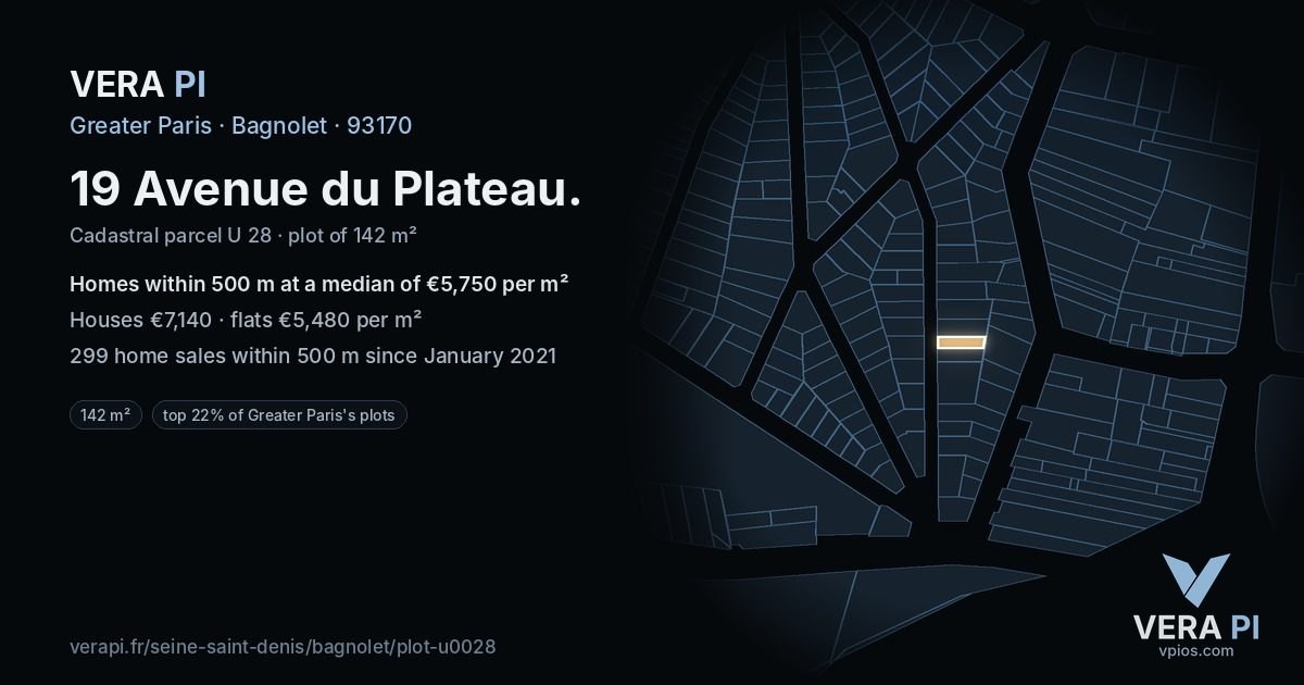 19 Avenue du Plateau, Bagnolet at night – the plot lit, the parcels around coloured by the prices near them
