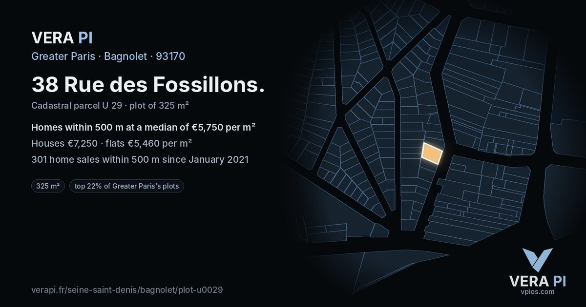 38 Rue des Fossillons, Bagnolet at night – the plot lit, the parcels around coloured by the prices near them