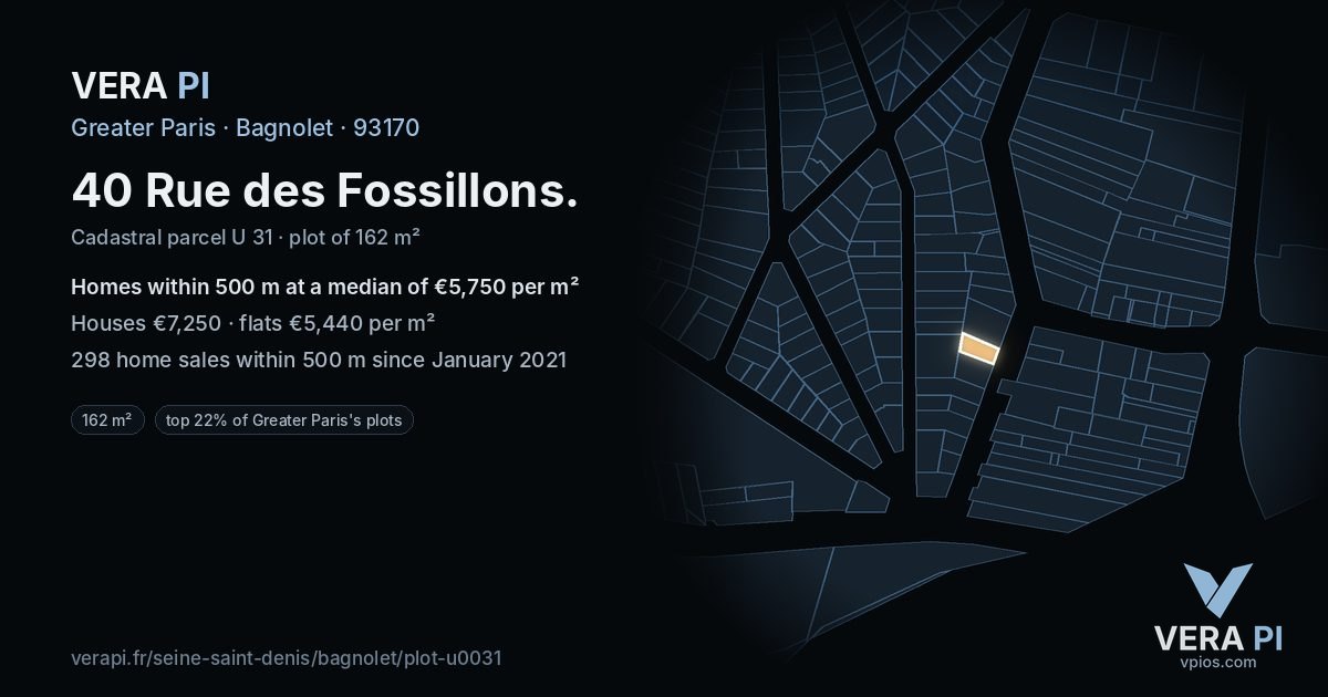 40 Rue des Fossillons, Bagnolet at night – the plot lit, the parcels around coloured by the prices near them