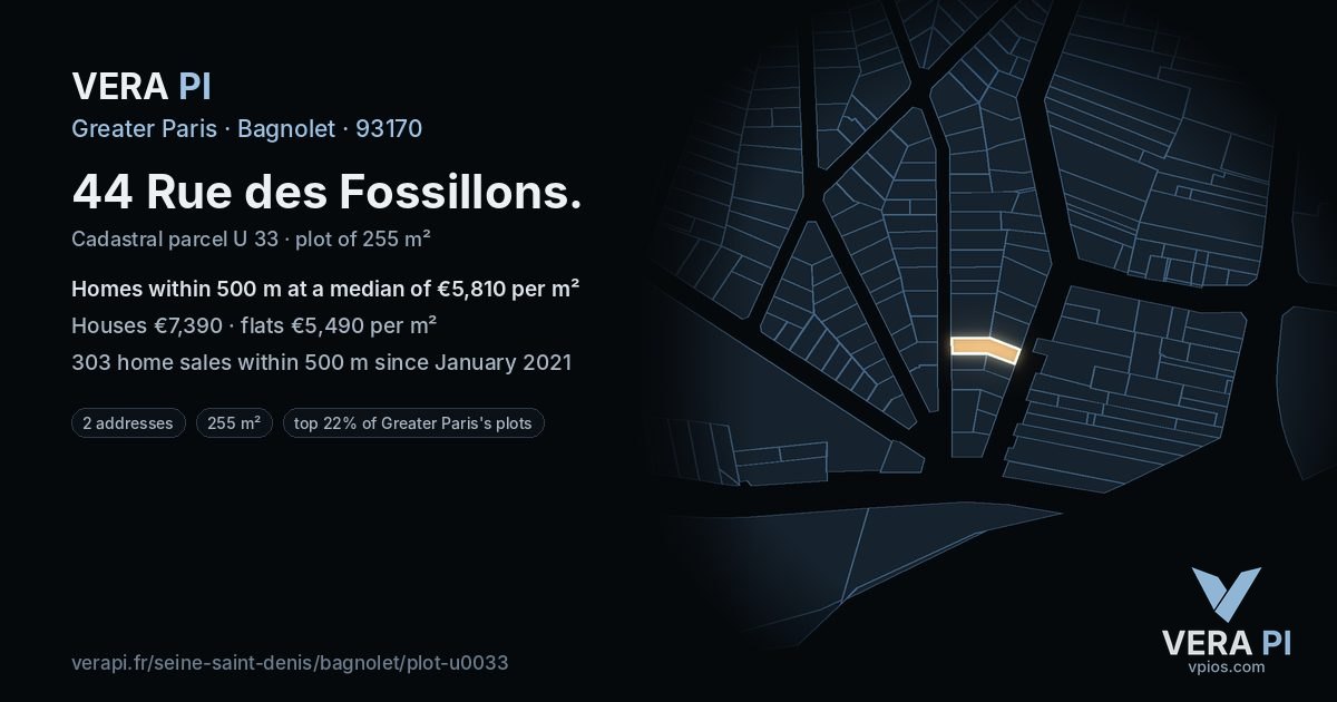 44 Rue des Fossillons, Bagnolet at night – the plot lit, the parcels around coloured by the prices near them