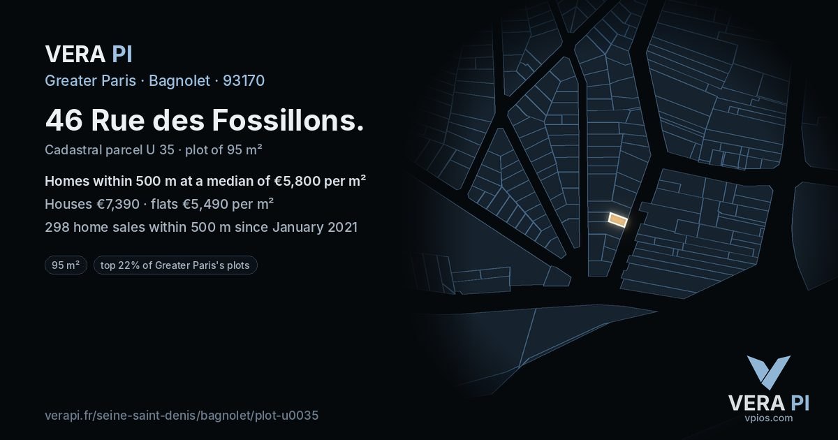 46 Rue des Fossillons, Bagnolet at night – the plot lit, the parcels around coloured by the prices near them