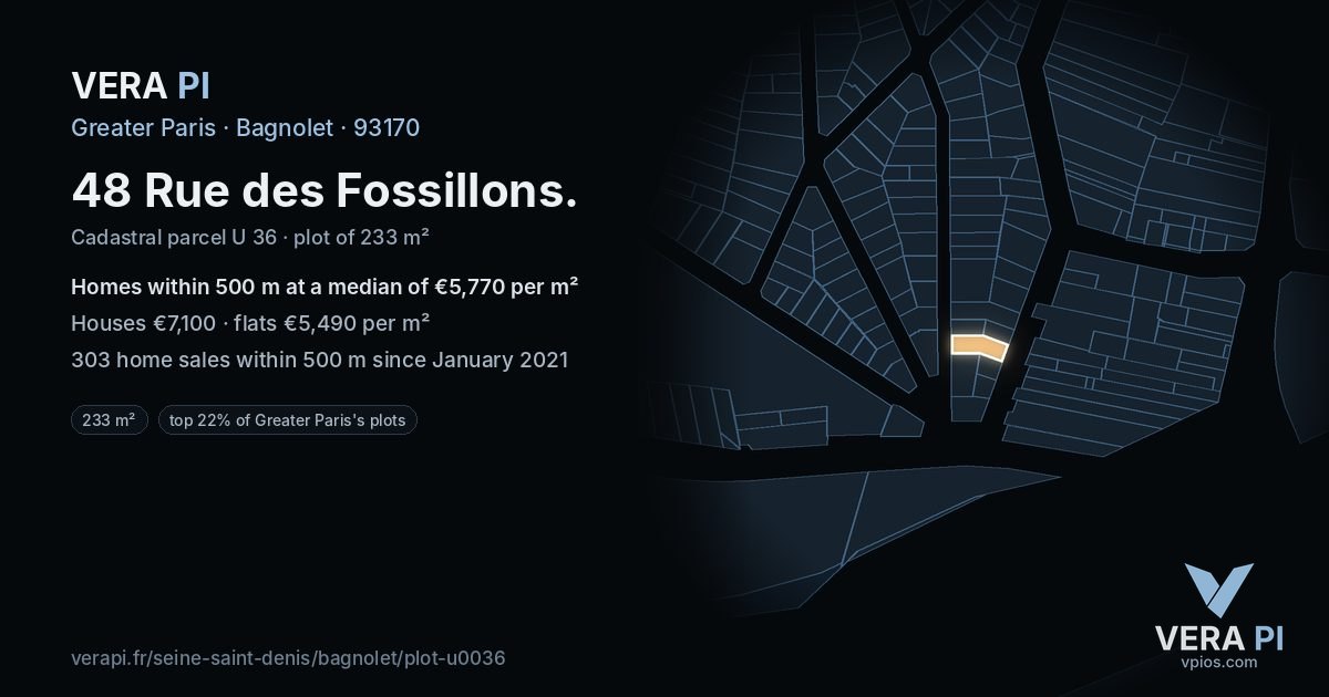 48 Rue des Fossillons, Bagnolet at night – the plot lit, the parcels around coloured by the prices near them
