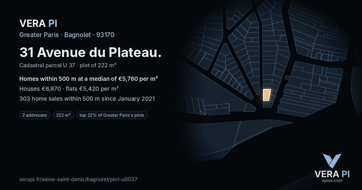 31 Avenue du Plateau, Bagnolet at night – the plot lit, the parcels around coloured by the prices near them
