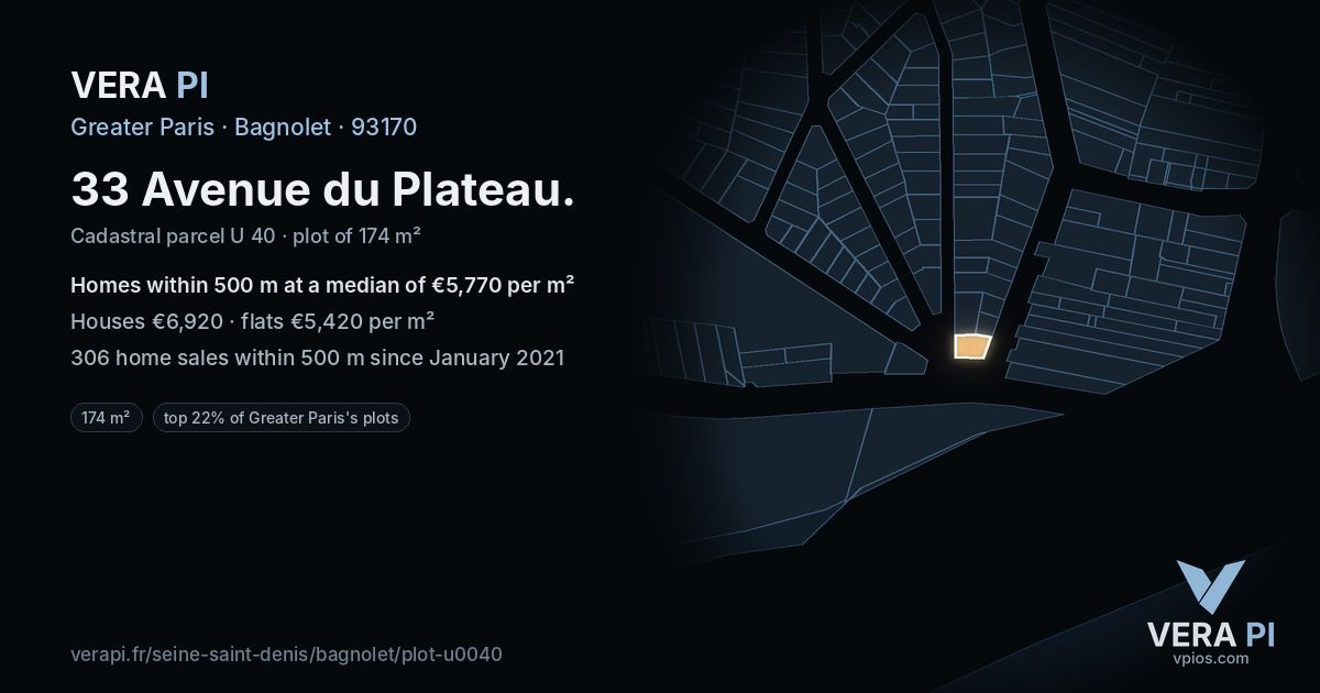 33 Avenue du Plateau, Bagnolet at night – the plot lit, the parcels around coloured by the prices near them