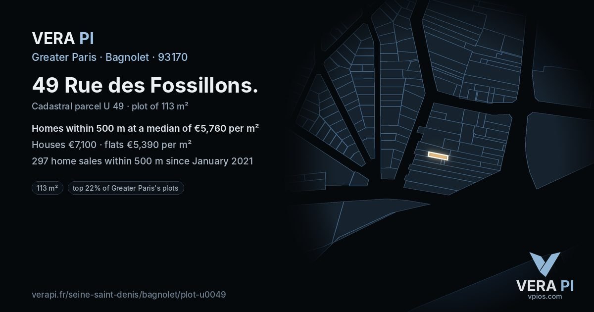 49 Rue des Fossillons, Bagnolet at night – the plot lit, the parcels around coloured by the prices near them