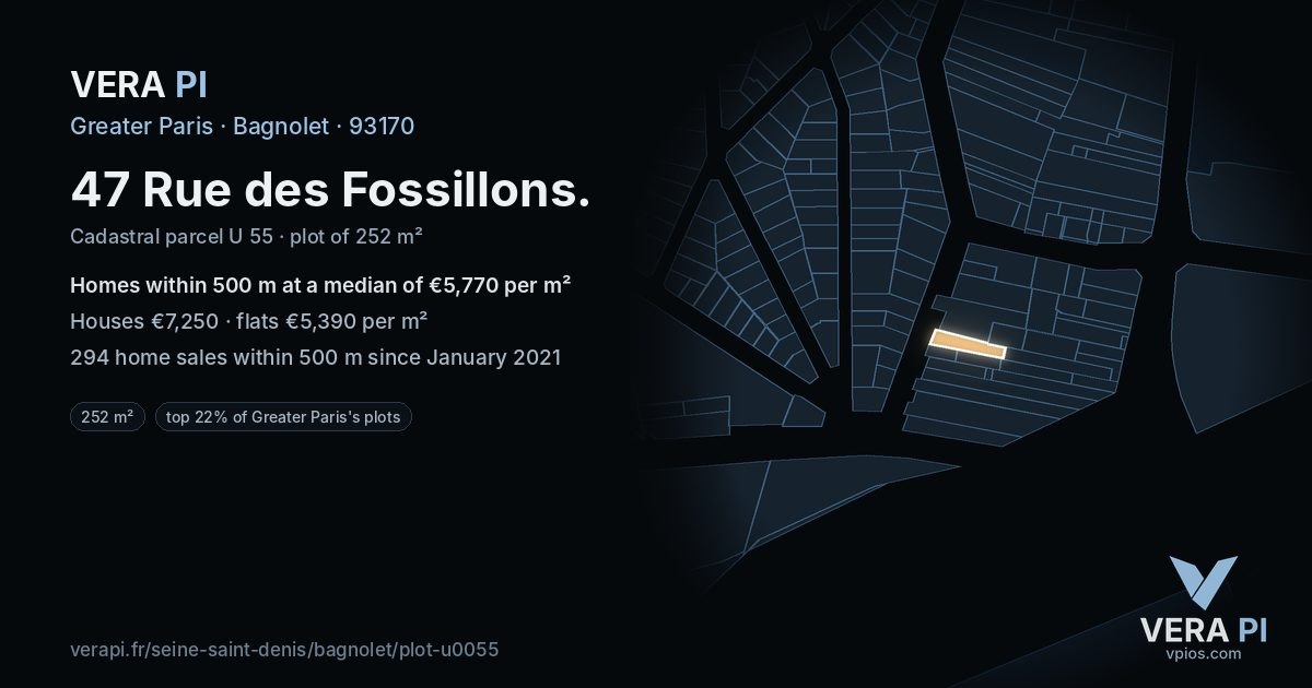 47 Rue des Fossillons, Bagnolet at night – the plot lit, the parcels around coloured by the prices near them