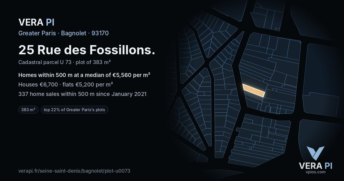 25 Rue des Fossillons, Bagnolet at night – the plot lit, the parcels around coloured by the prices near them