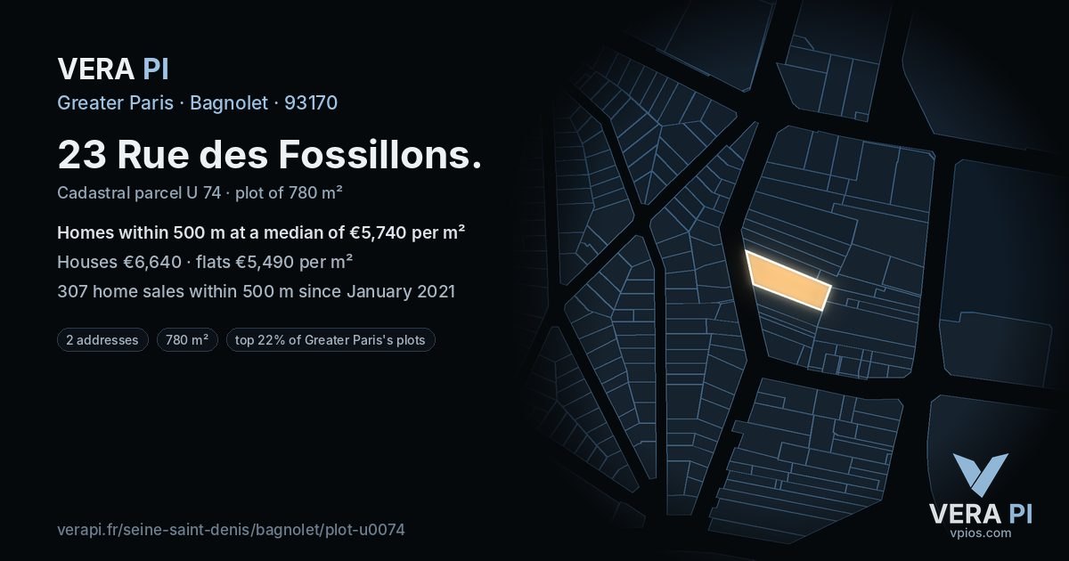 23 Rue des Fossillons, Bagnolet at night – the plot lit, the parcels around coloured by the prices near them