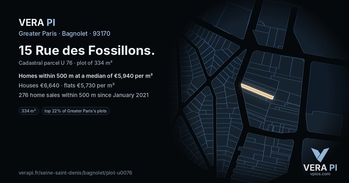 15 Rue des Fossillons, Bagnolet at night – the plot lit, the parcels around coloured by the prices near them