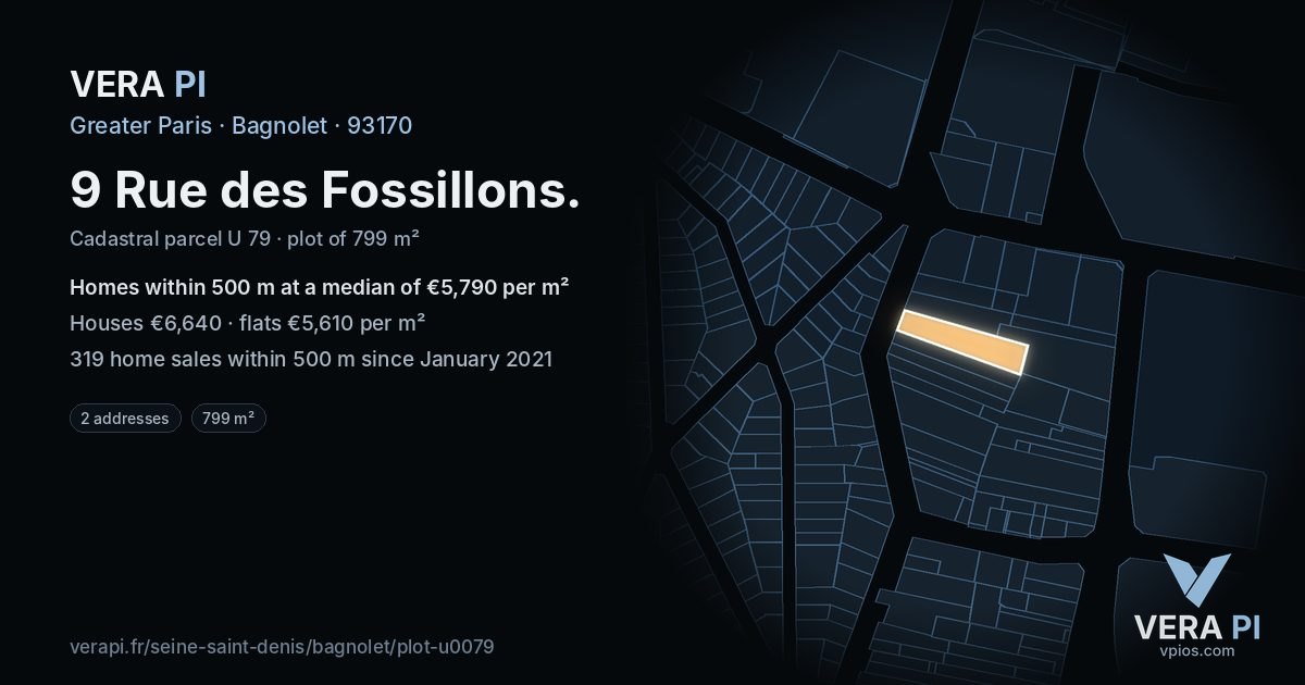 9 Rue des Fossillons, Bagnolet at night – the plot lit, the parcels around coloured by the prices near them