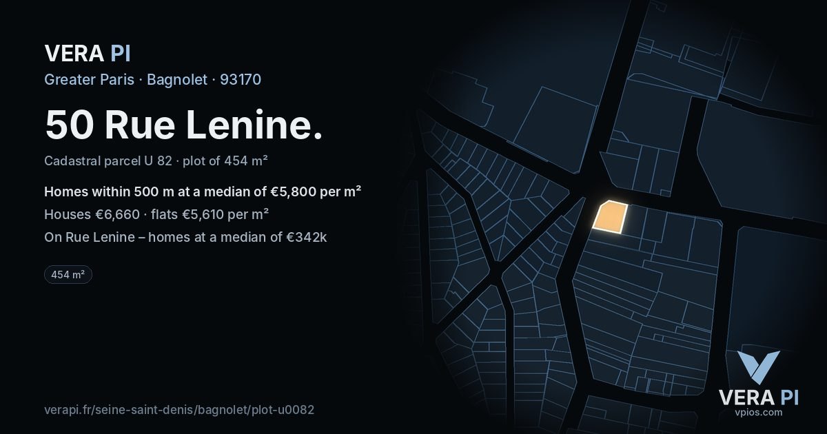 50 Rue Lenine, Bagnolet at night – the plot lit, the parcels around coloured by the prices near them