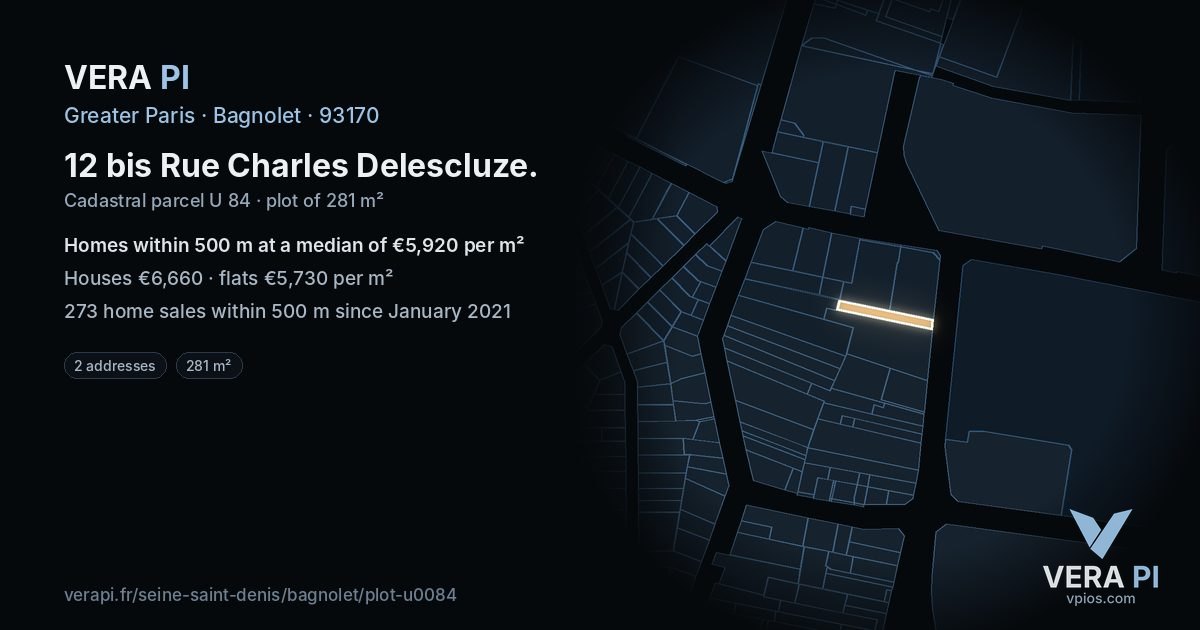 12 bis Rue Charles Delescluze, Bagnolet at night – the plot lit, the parcels around coloured by the prices near them