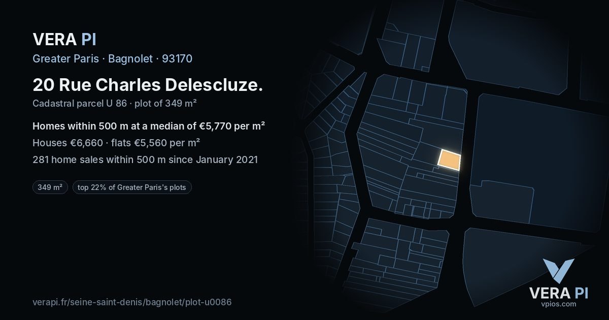20 Rue Charles Delescluze, Bagnolet at night – the plot lit, the parcels around coloured by the prices near them