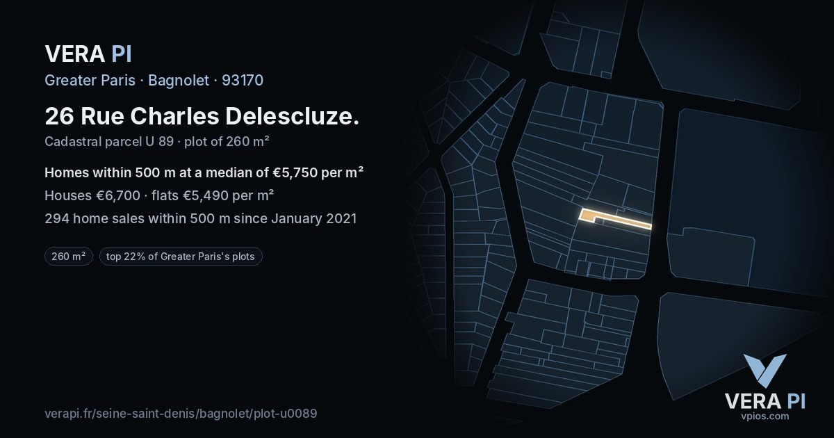 26 Rue Charles Delescluze, Bagnolet at night – the plot lit, the parcels around coloured by the prices near them