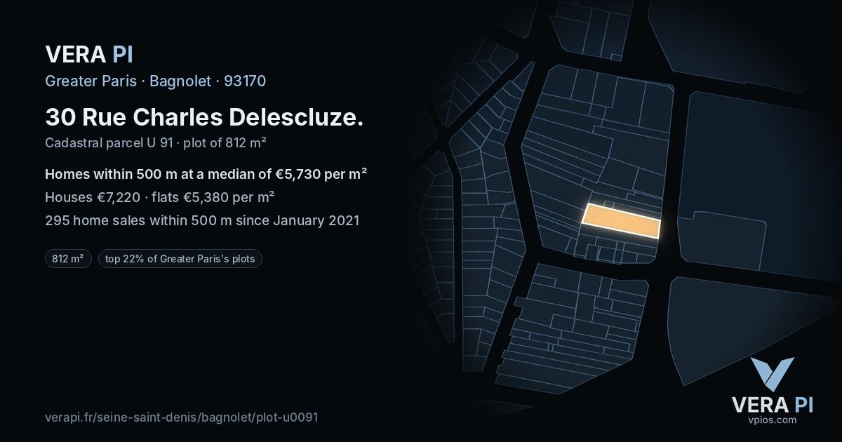30 Rue Charles Delescluze, Bagnolet at night – the plot lit, the parcels around coloured by the prices near them