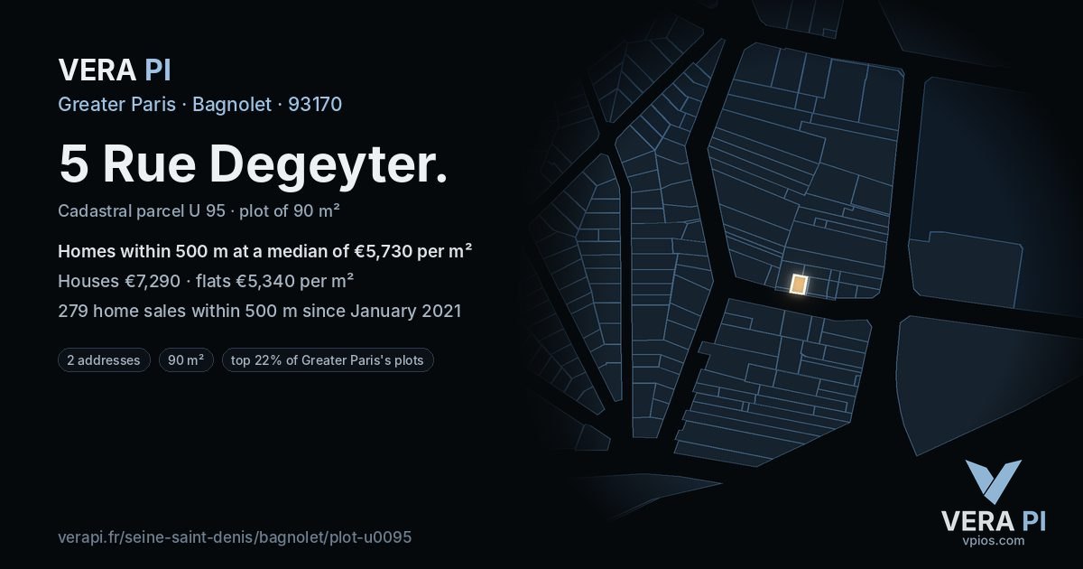 5 Rue Degeyter, Bagnolet at night – the plot lit, the parcels around coloured by the prices near them
