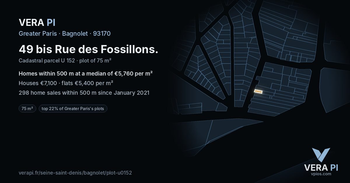 49 bis Rue des Fossillons, Bagnolet at night – the plot lit, the parcels around coloured by the prices near them