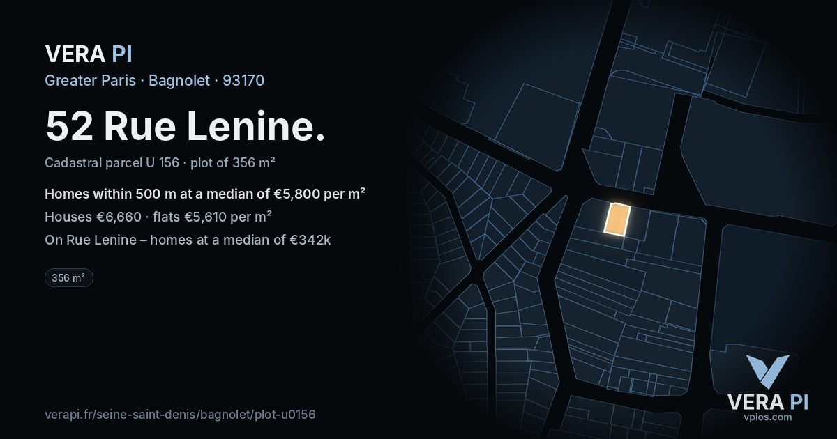 52 Rue Lenine, Bagnolet at night – the plot lit, the parcels around coloured by the prices near them