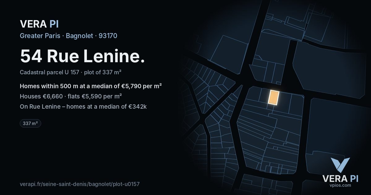54 Rue Lenine, Bagnolet at night – the plot lit, the parcels around coloured by the prices near them