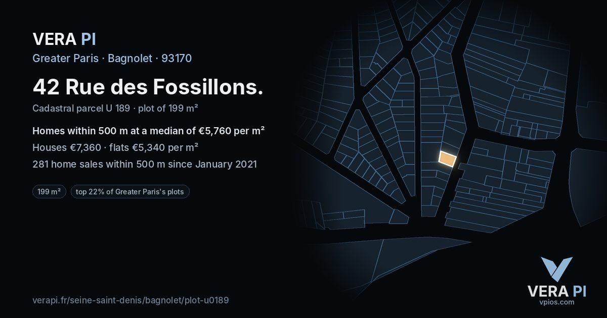 42 Rue des Fossillons, Bagnolet at night – the plot lit, the parcels around coloured by the prices near them