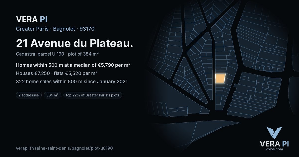 21 Avenue du Plateau, Bagnolet at night – the plot lit, the parcels around coloured by the prices near them