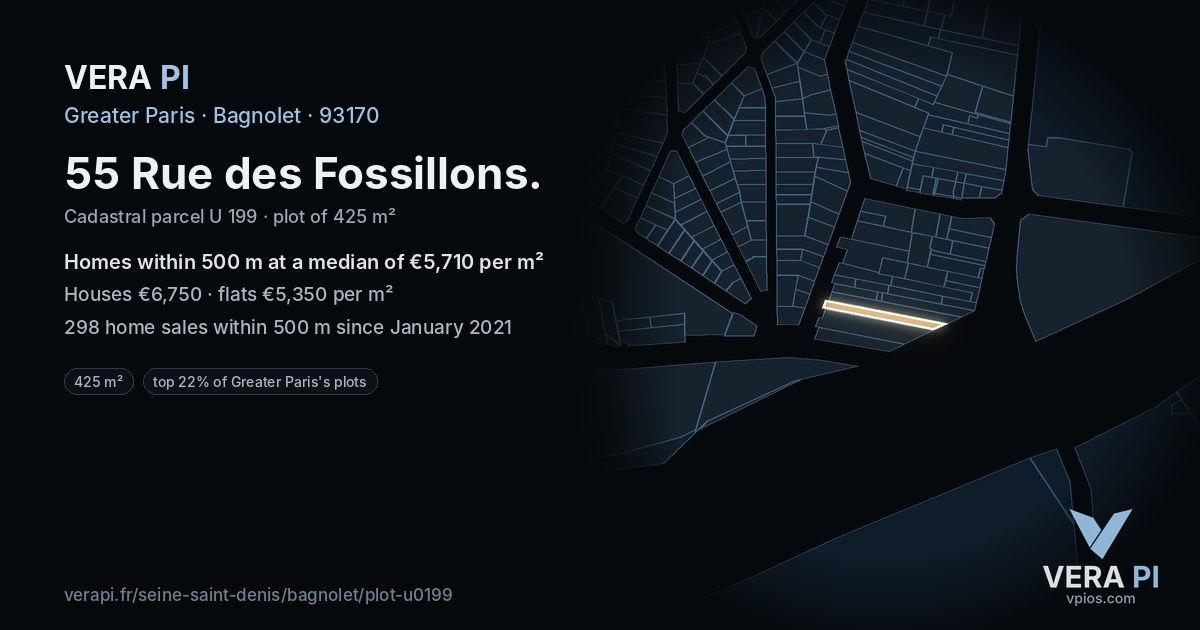 55 Rue des Fossillons, Bagnolet at night – the plot lit, the parcels around coloured by the prices near them