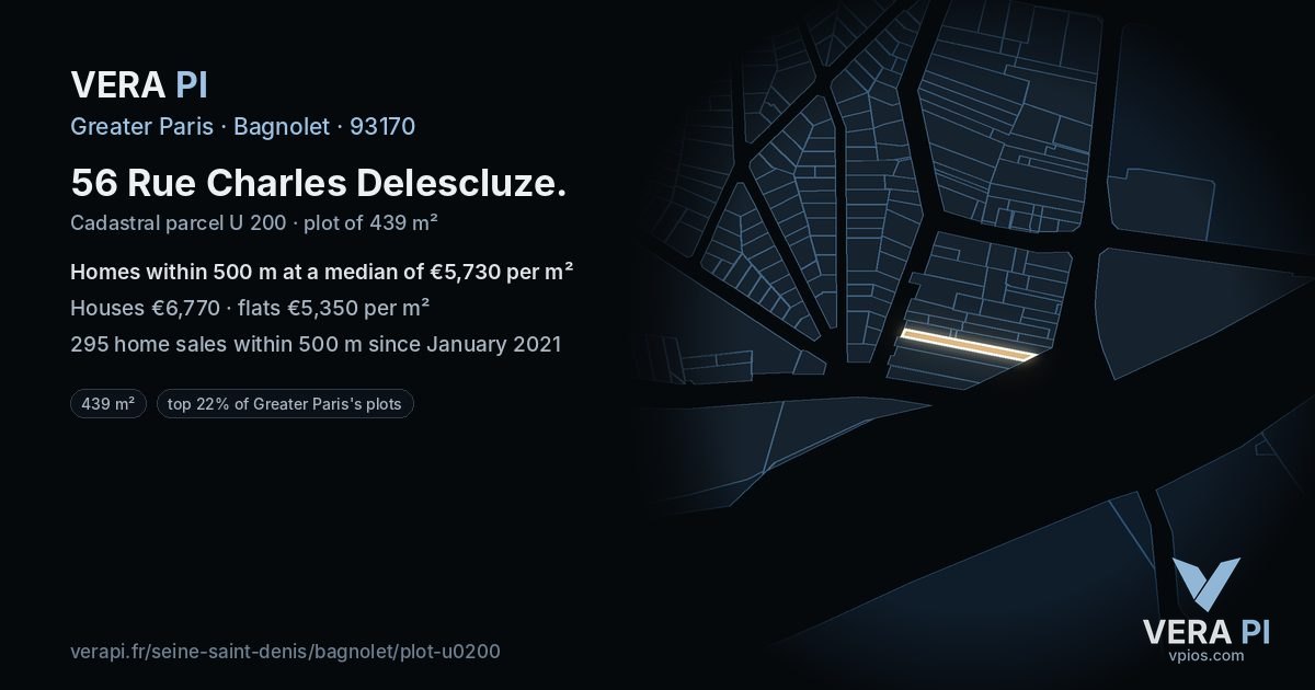 56 Rue Charles Delescluze, Bagnolet at night – the plot lit, the parcels around coloured by the prices near them