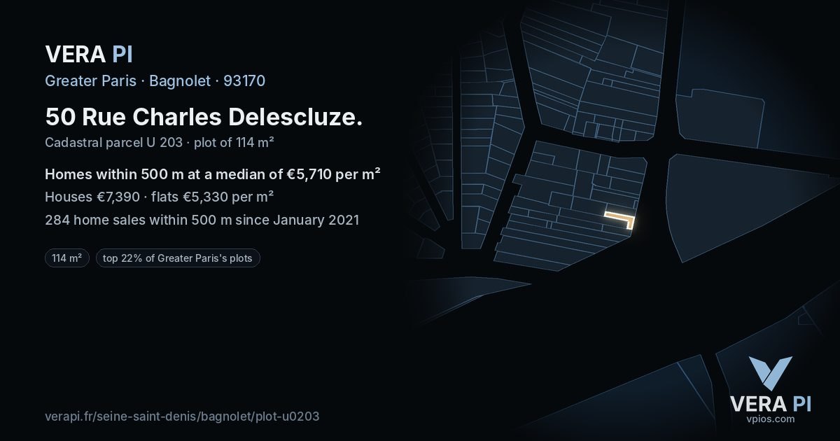 50 Rue Charles Delescluze, Bagnolet at night – the plot lit, the parcels around coloured by the prices near them