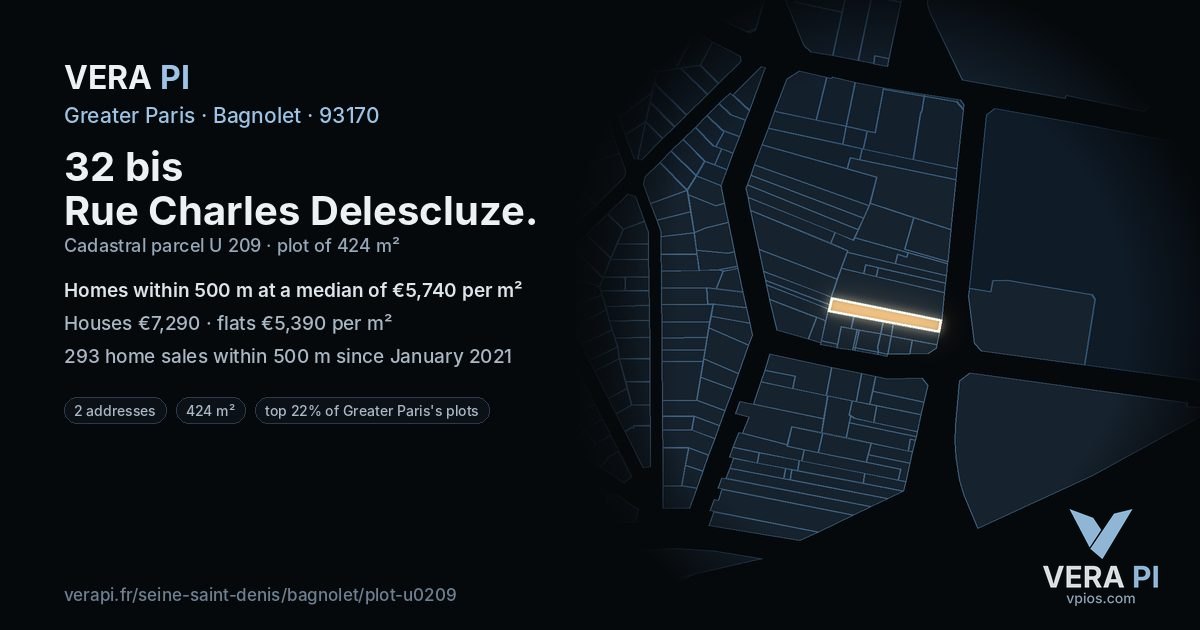 32 bis Rue Charles Delescluze, Bagnolet at night – the plot lit, the parcels around coloured by the prices near them