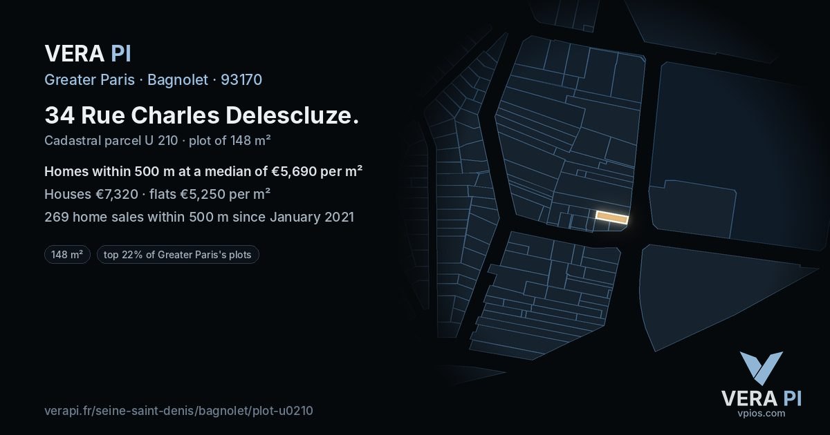 34 Rue Charles Delescluze, Bagnolet at night – the plot lit, the parcels around coloured by the prices near them