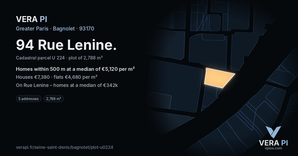 94 Rue Lenine, Bagnolet at night – the plot lit, the parcels around coloured by the prices near them