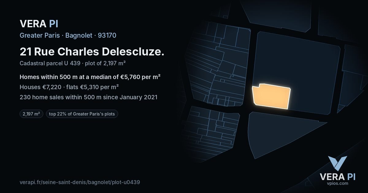 21 Rue Charles Delescluze, Bagnolet at night – the plot lit, the parcels around coloured by the prices near them