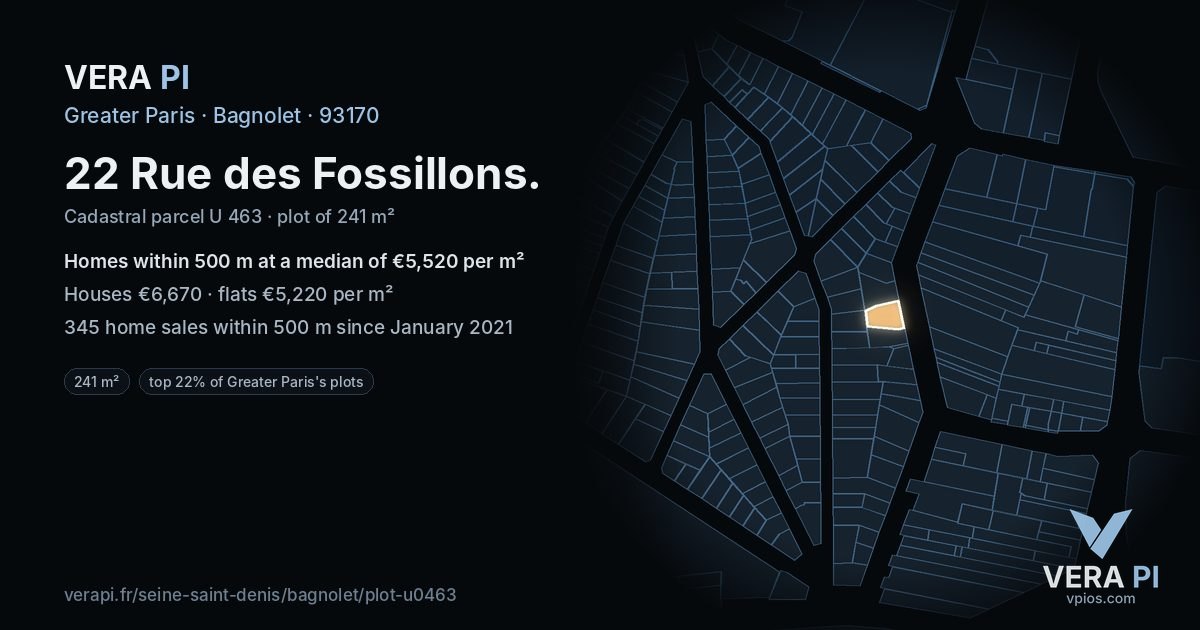 22 Rue des Fossillons, Bagnolet at night – the plot lit, the parcels around coloured by the prices near them