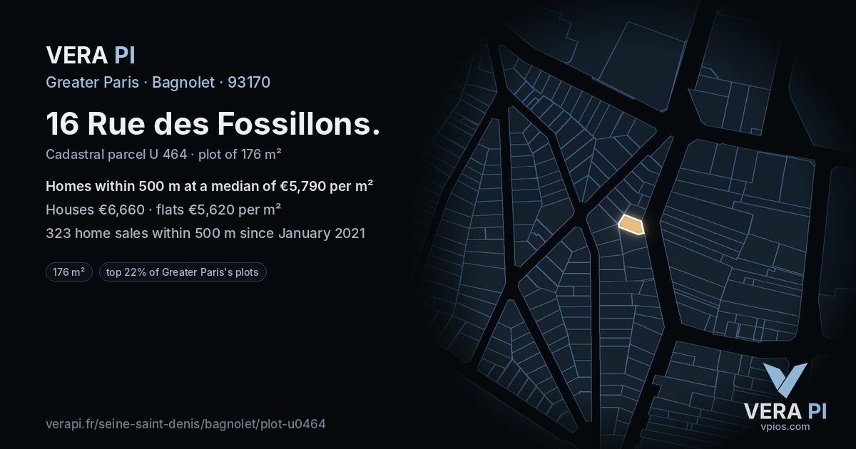 16 Rue des Fossillons, Bagnolet at night – the plot lit, the parcels around coloured by the prices near them