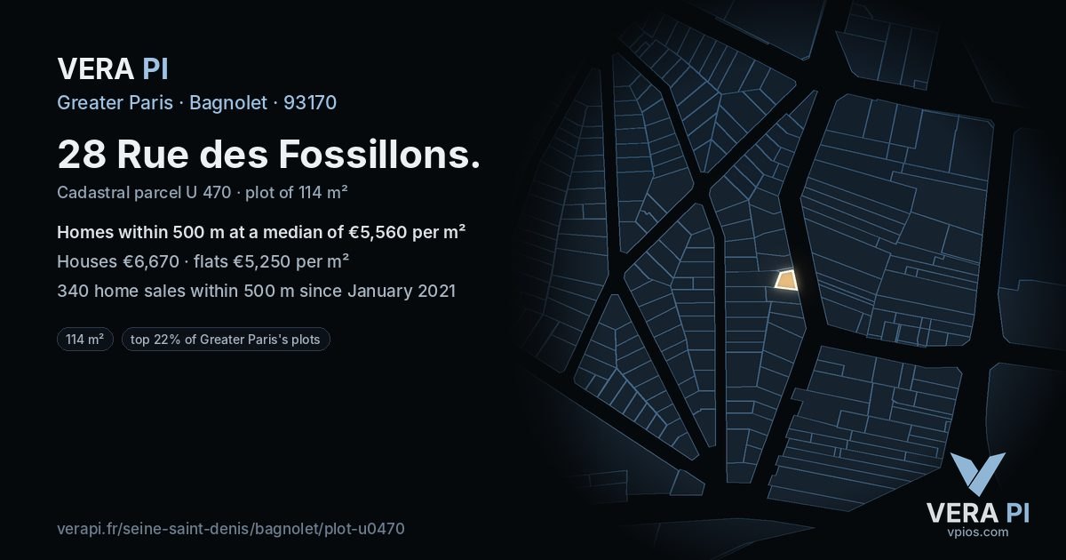 28 Rue des Fossillons, Bagnolet at night – the plot lit, the parcels around coloured by the prices near them