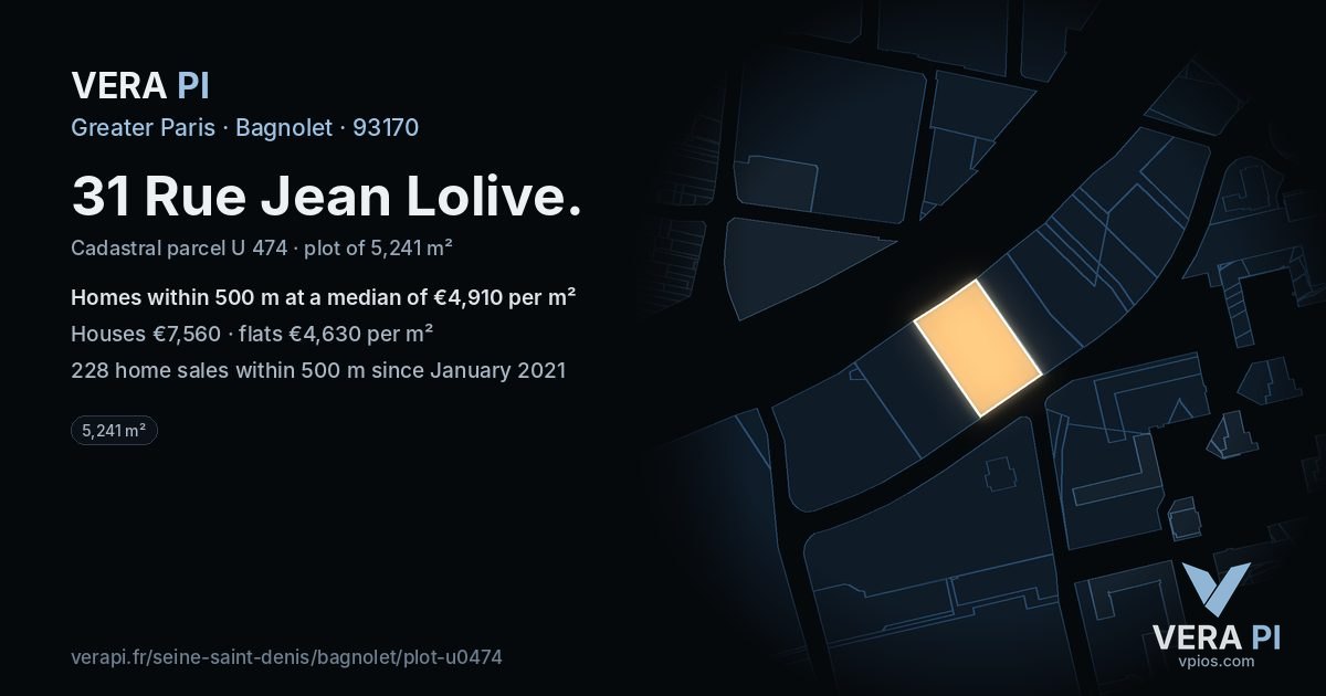 31 Rue Jean Lolive, Bagnolet at night – the plot lit, the parcels around coloured by the prices near them
