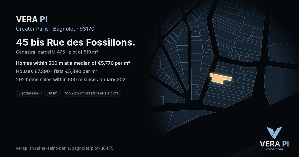 45 bis Rue des Fossillons, Bagnolet at night – the plot lit, the parcels around coloured by the prices near them