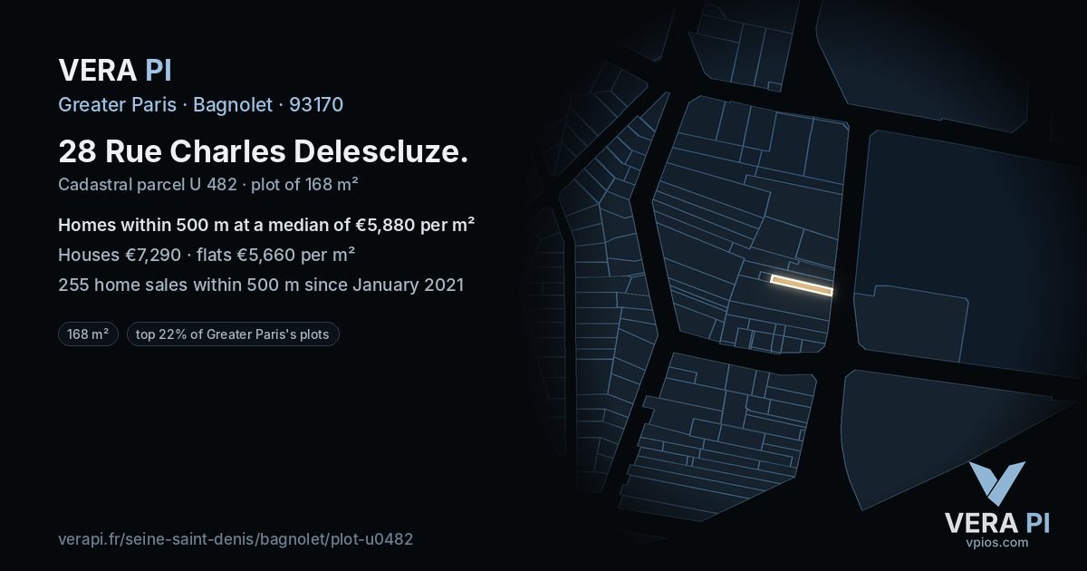 28 Rue Charles Delescluze, Bagnolet at night – the plot lit, the parcels around coloured by the prices near them