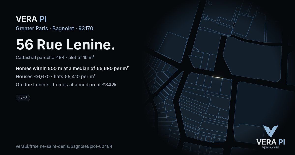56 Rue Lenine, Bagnolet at night – the plot lit, the parcels around coloured by the prices near them