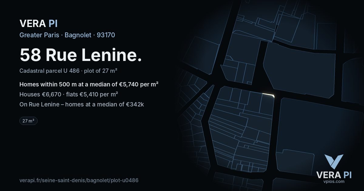 58 Rue Lenine, Bagnolet at night – the plot lit, the parcels around coloured by the prices near them