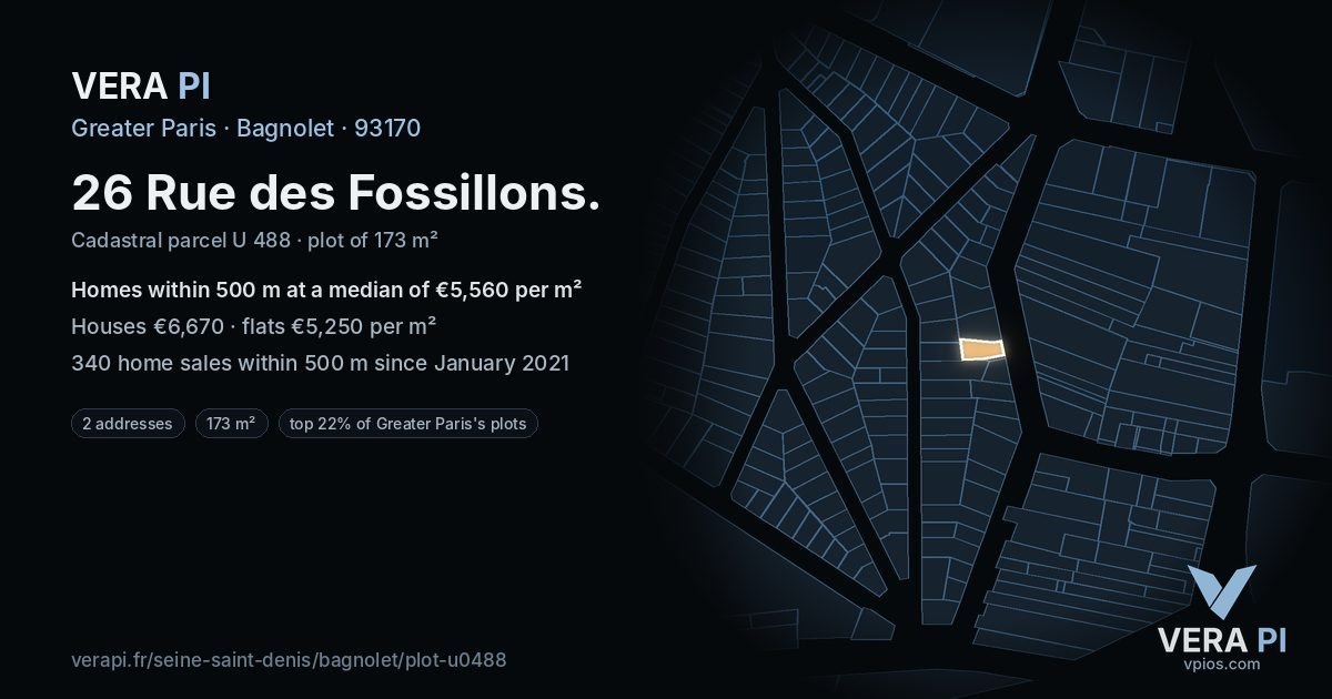 26 Rue des Fossillons, Bagnolet at night – the plot lit, the parcels around coloured by the prices near them