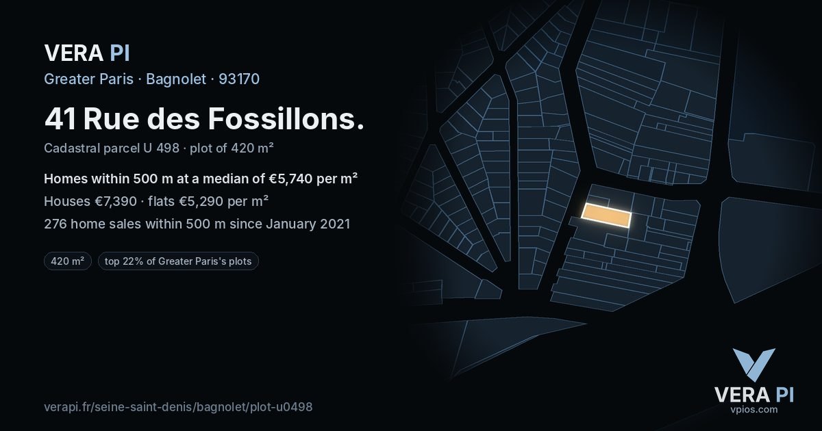 41 Rue des Fossillons, Bagnolet at night – the plot lit, the parcels around coloured by the prices near them