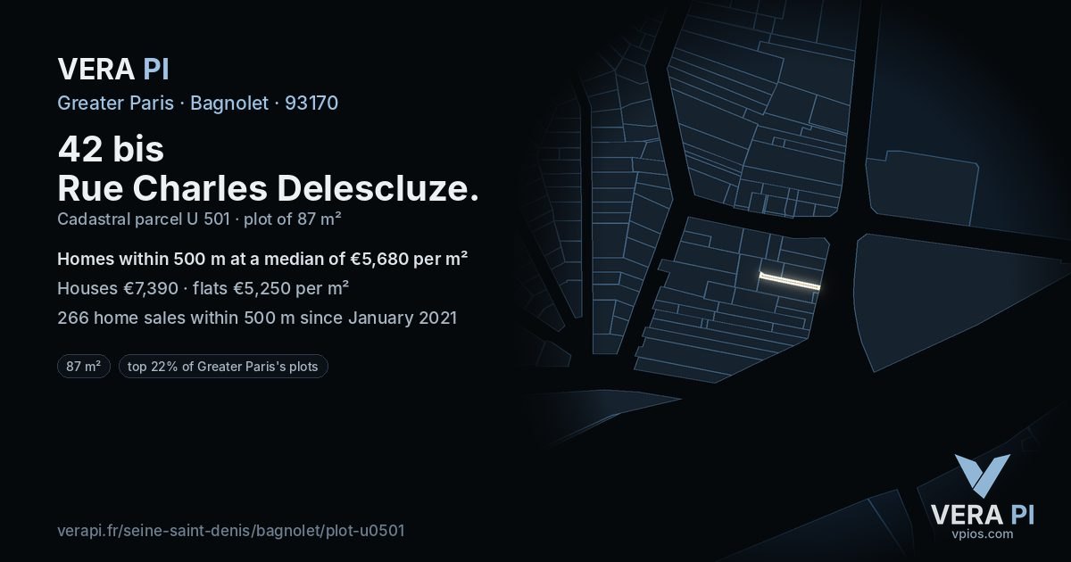 42 bis Rue Charles Delescluze, Bagnolet at night – the plot lit, the parcels around coloured by the prices near them