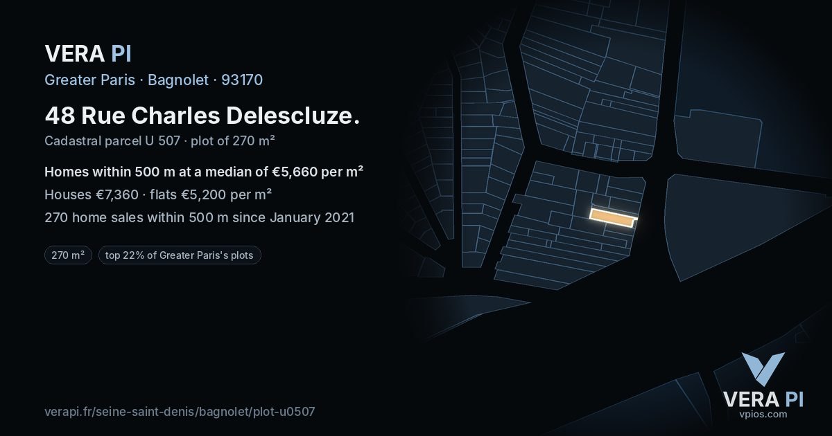 48 Rue Charles Delescluze, Bagnolet at night – the plot lit, the parcels around coloured by the prices near them