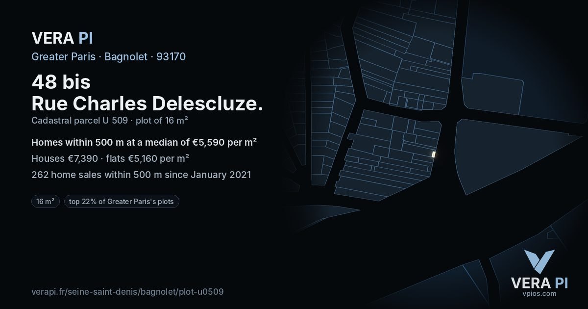 48 bis Rue Charles Delescluze, Bagnolet at night – the plot lit, the parcels around coloured by the prices near them
