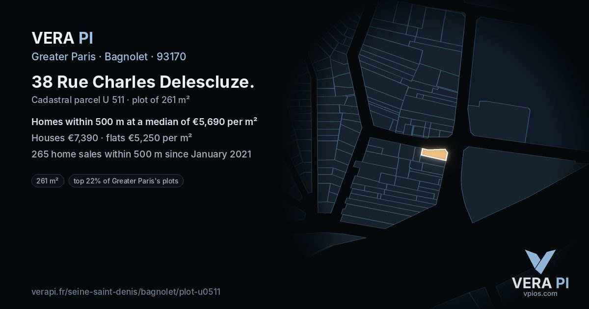 38 Rue Charles Delescluze, Bagnolet at night – the plot lit, the parcels around coloured by the prices near them